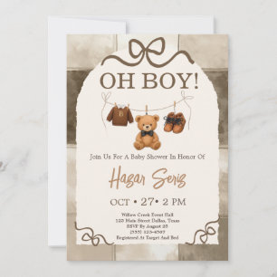 Oh Junge Teddybär Beige Gingham Babyparty Einladung