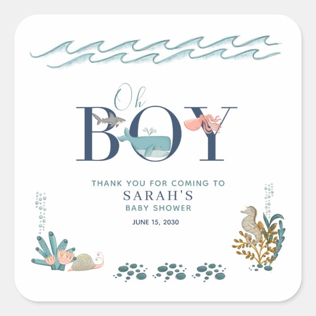 Oh Junge unter der Sea Baby Dusche Danke Quadratischer Aufkleber (Vorderseite)