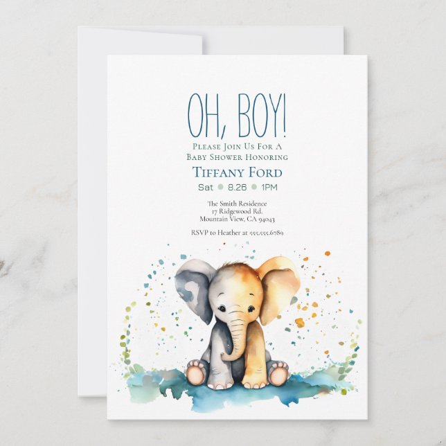 Oh Junge! Vertikales Baby Elephant Safari Baby Dus Einladung (Vorderseite)