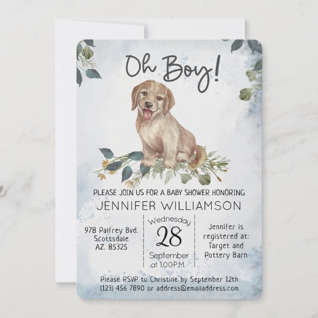 Oh Junge! Welpe Modern Watercolor Babydusche Einladung (Vorderseite)