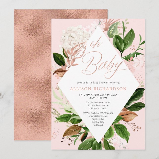 Oh, kleine Mädchen Dusche Rose goldgrüne Blätter Einladung (Vorne/Hinten)