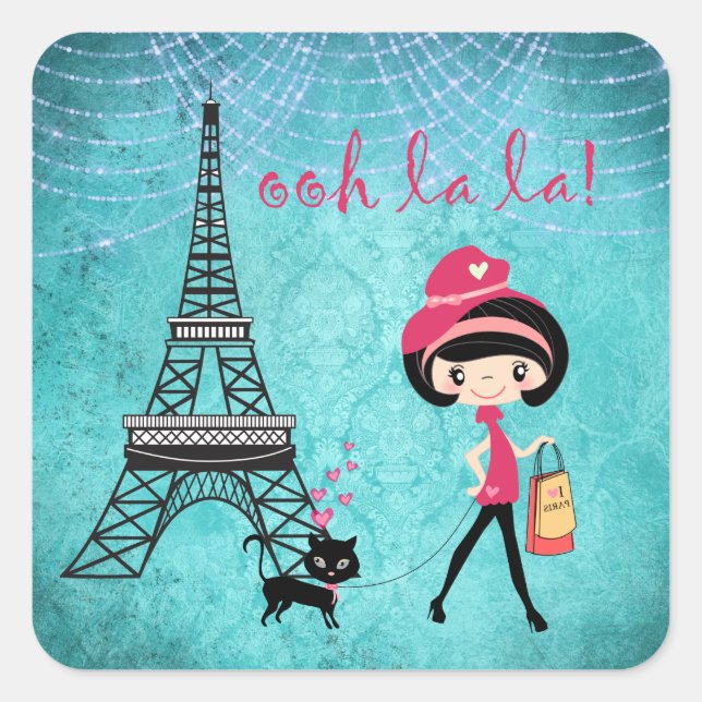 Oh La Paris Girl and Cat with Eiffelturm Quadratischer Aufkleber (Vorderseite)