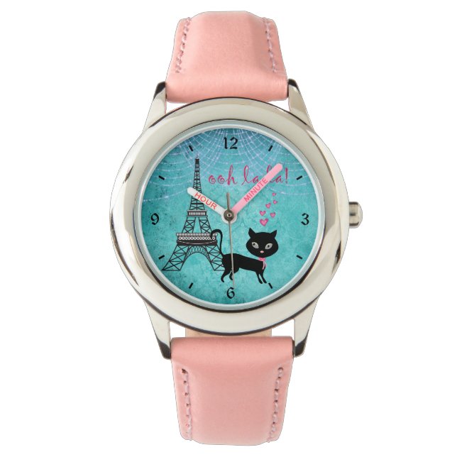 Oh La Paris Katze mit Eiffelturm und Lichter Armbanduhr (Vorderseite)