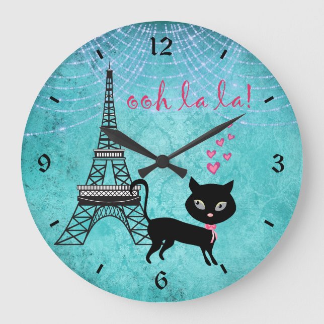 Oh La Paris Katze mit Eiffelturm und Lichter Große Wanduhr (Vorderseite)