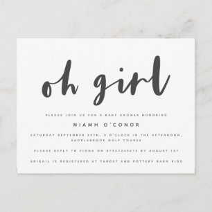 Oh Mädchen Baby Shower Postkarte. Einladungspostkarte