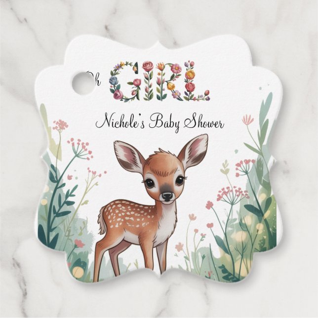 Oh Mädchen: Kleine Hirschgewächshaus-Kinderdusche Geschenkanhänger (Vorderseite)