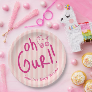 Oh Mädchen Pink Stripe Mädchen Baby Shower  Pappteller