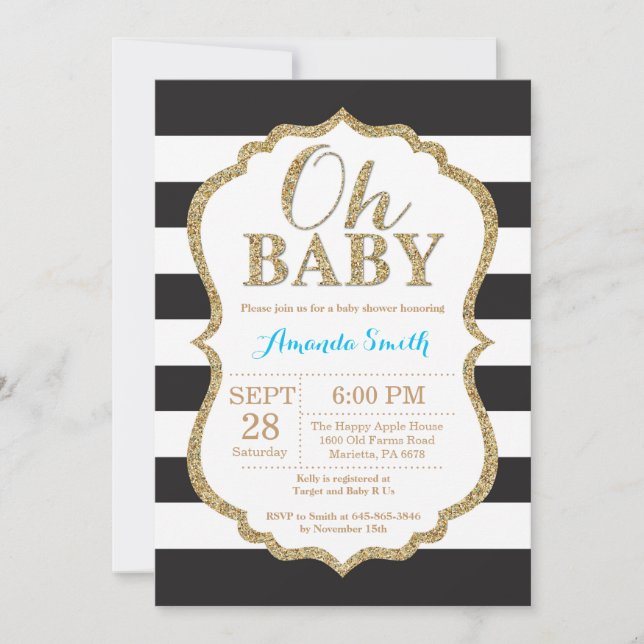 Oh noir de bébé et invitation de baby shower d'or (Devant)