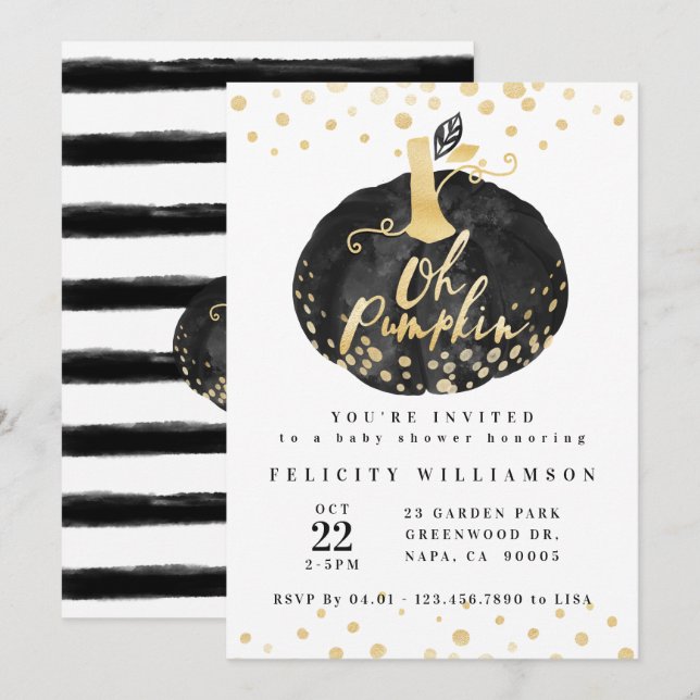Oh Pumpkin | Chic Black & Gold Pumpkin Baby Dusche Einladung (Vorne/Hinten)