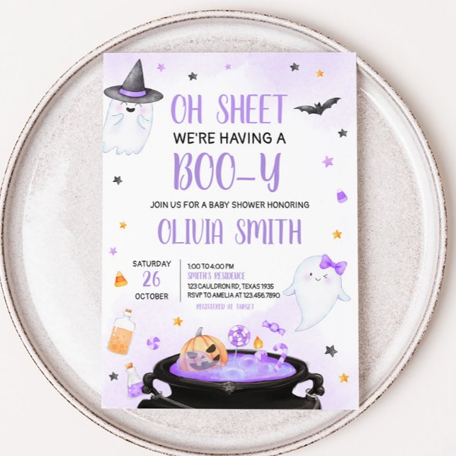 Oh Sheet Boo y Halloween Baby Shower Einladung (Purple Oh Sheet Boo-y Ghoul Baby Shower Invitation
)