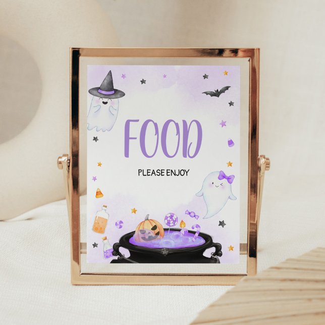 Oh Sheet Boo y Halloween Baby Shower Food Poster (Purple Oh Sheet Boo-y Ghoul Baby Shower Food Sign)