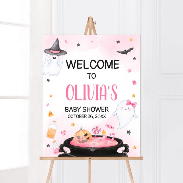 Oh Sheet Ghoul Halloween Baby Dusche Willkommen Poster (Pink Oh Sheet Baby Shower Welcome Sign)