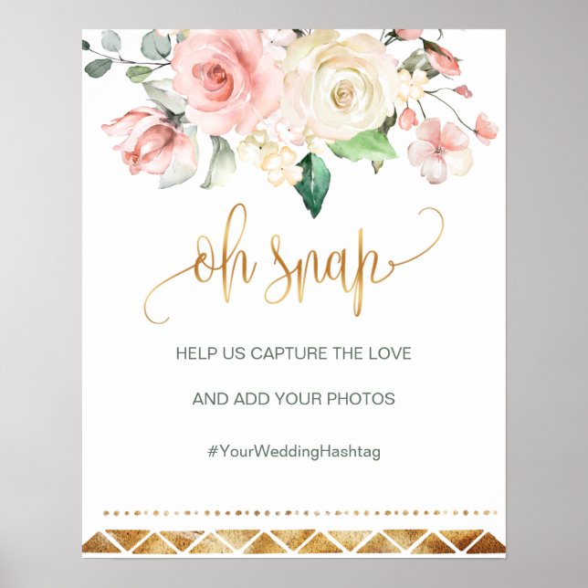 Oh Snap Hashtag Hochzeitsschild Aprikosenrosa Rose Poster (Vorne)