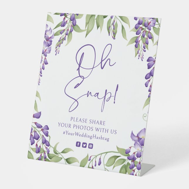 Oh Snap Lila Wisteria Bloral Script Hochzeit Sockelschild (Vorderseite)