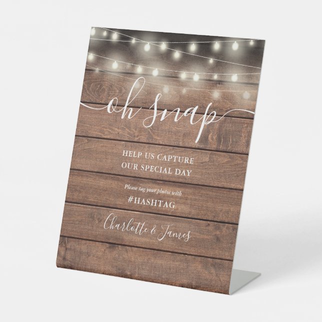 Oh Snap Wedding String Lights Rustikales Holz Sockelschild (Vorderseite)