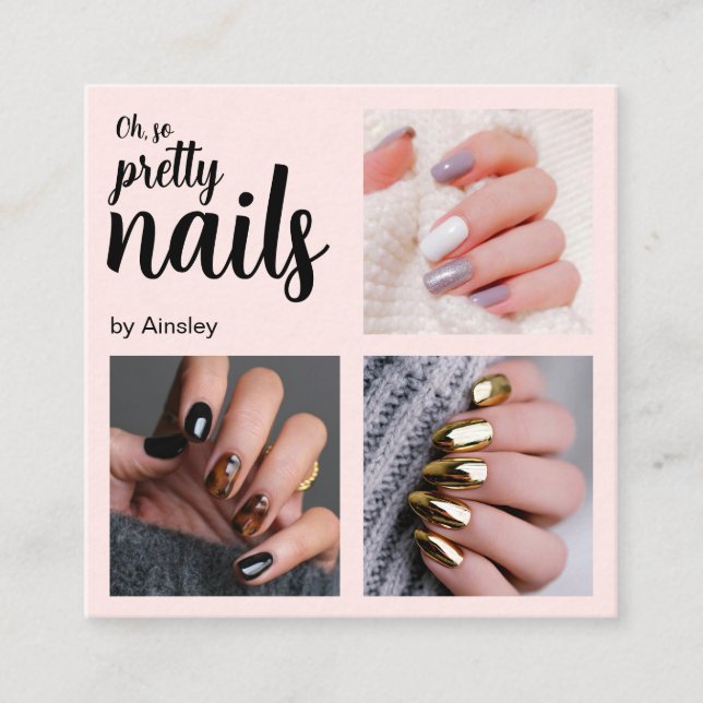 Oh So Pretty Nail Artist Pink Script Photo Quadratische Visitenkarte (Vorderseite)