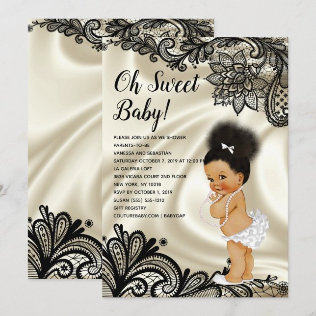 Oh Sweet Baby Girl Shower Afro Bun Puff Einladung (Vorne/Hinten)