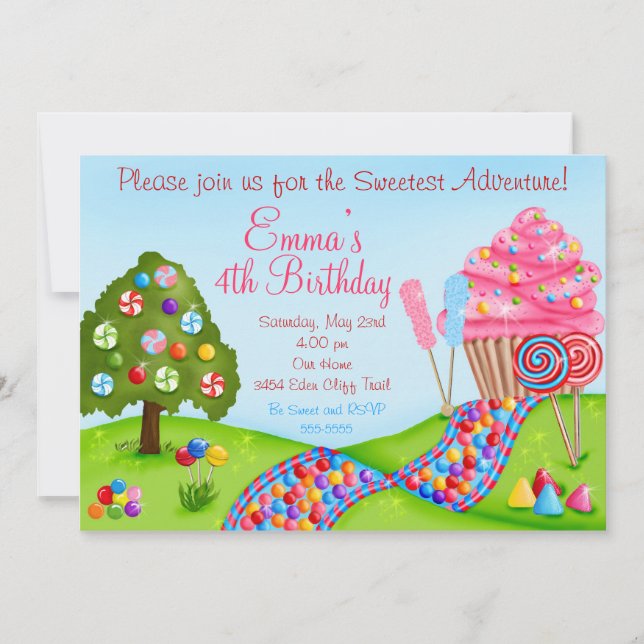 Oh Sweet Candy Land Birthday Cupcake Einladungen (Vorderseite)