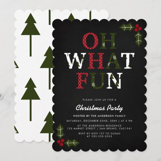 OH WAS FUN Typografie & Weihnachtsbaumen | Feier Einladung (Vorne/Hinten)