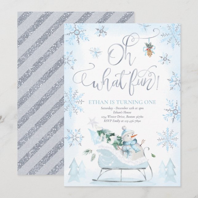 Oh, was Spaß Blue & Silver Winter Schlitten Geburt Einladung (Vorne/Hinten)