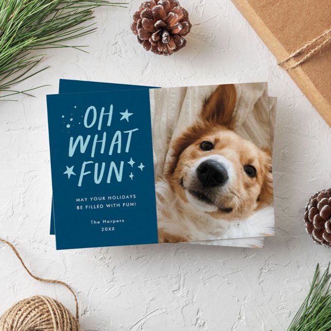 Oh, was Spaß Haustiere Foto Weihnachten Blau (Pet Christmas photo card with the words "oh what fun")
