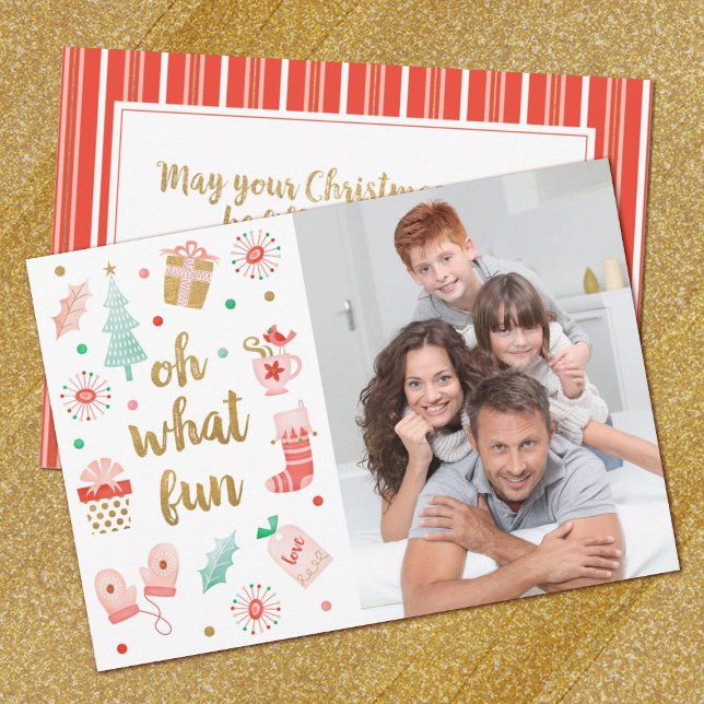 Oh, was Spaß Niedlichen Weihnachts-Weihnachtskarte Karte (A cute family photo Christmas Card with the words, Oh What Fun. Personalize a message on the back.)