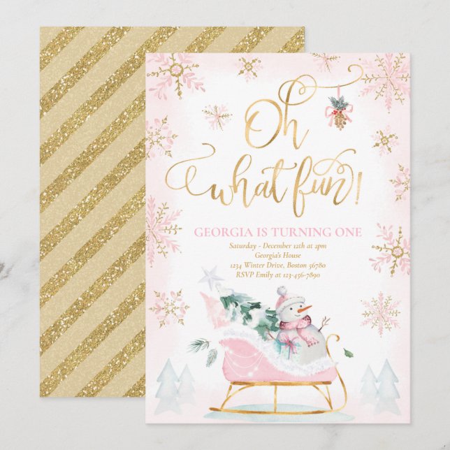 Oh, was Spaß Pink & Gold Winter Schlitten Geburtst Einladung (Vorne/Hinten)