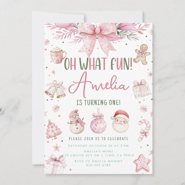 Oh, was Spaß rosa Weihnachten Winter ersten Geburt Einladung (Vorderseite)