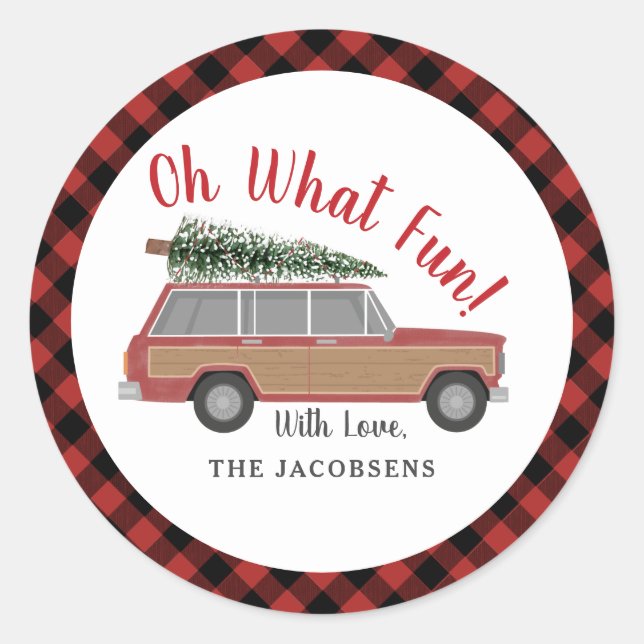 Oh, was Spaß Wood Wagon Karierten Weihnachtsbaum Runder Aufkleber (Vorderseite)
