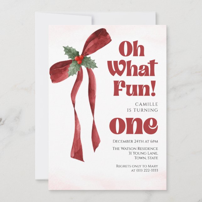 Oh what fun Bow christmas girl birthday  Einladung (Vorderseite)