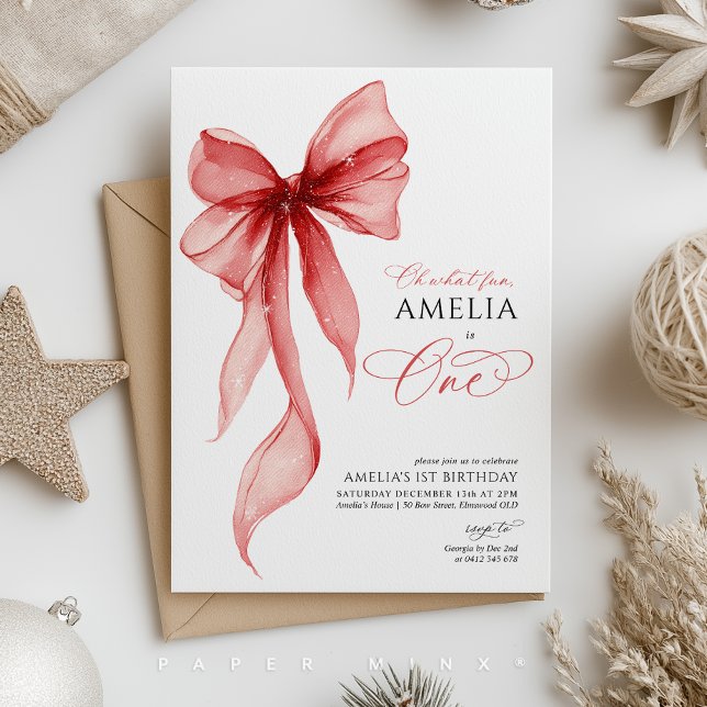 Oh What Fun Christmas 1st Birthday Party Girl Einladung (Girls Christmas themed 1st birthday invitation with red bow. )