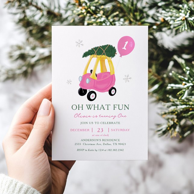 Oh What Fun Pink Car Girl 1st Birthday Invitation (Créateur téléchargé)