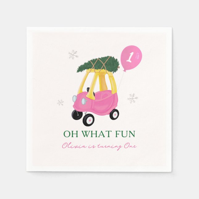 Oh What Fun Pink Christmas Car 1st Birthday Party  Serviette (Vorderseite)