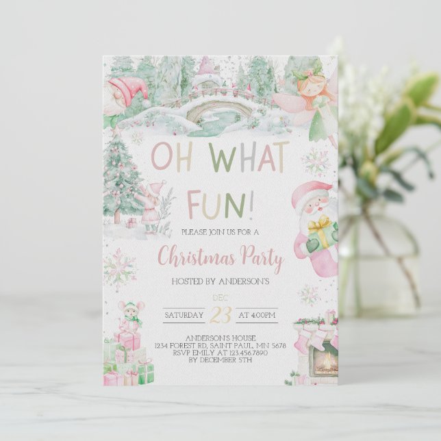 Oh What Fun Pink Christmas Party Invitation (Debout devant)