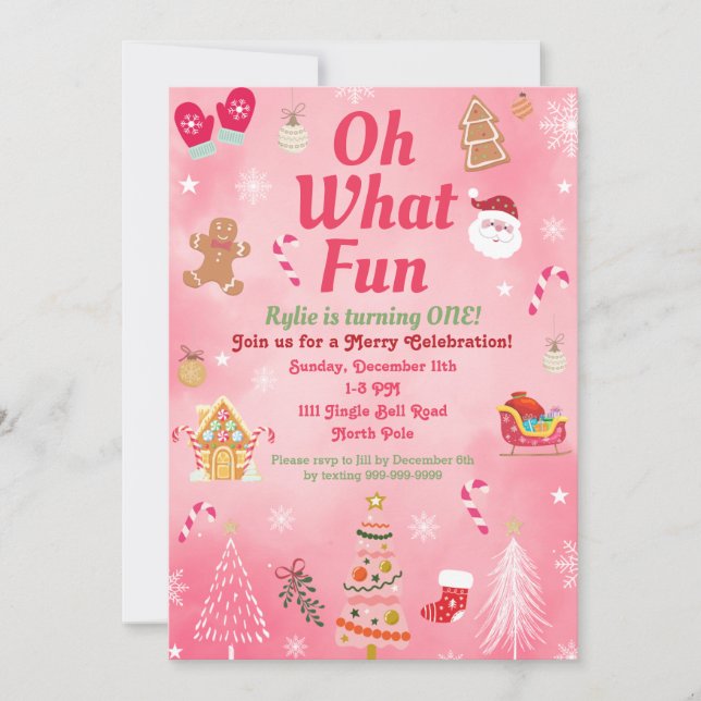 Oh What Fun Pink Noël Anniversaire Invitations (Devant)