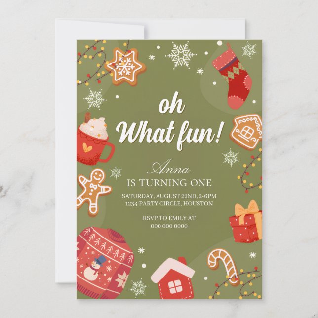 Oh What Fun Red& Green Christmas Holiday Birthday Einladung (Vorderseite)