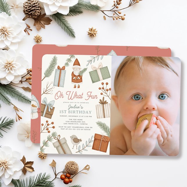 Oh What Fun Santa Holiday Girl 1st Birthday Photo Einladung (Von Creator hochgeladen)