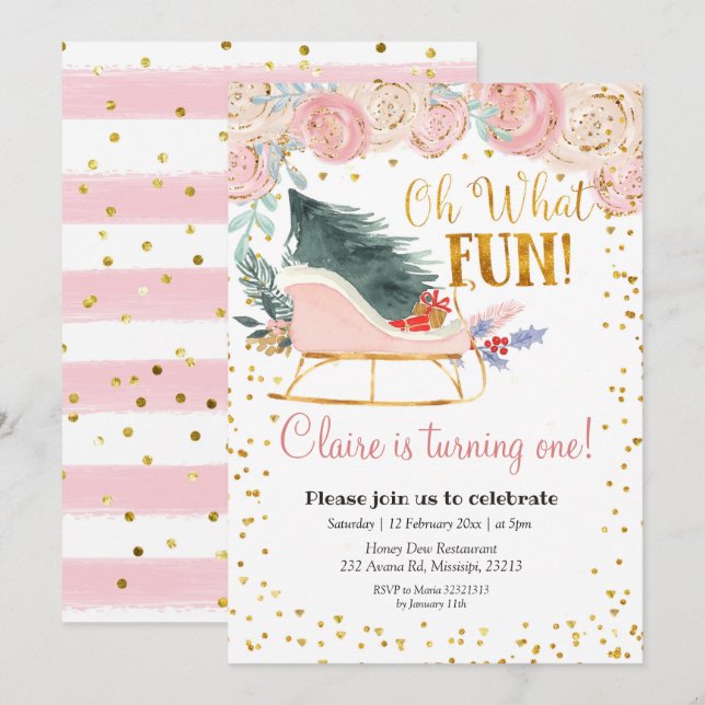 Oh What Fun Sleigh Girl Einladung zum ersten Gebur (Vorne/Hinten)
