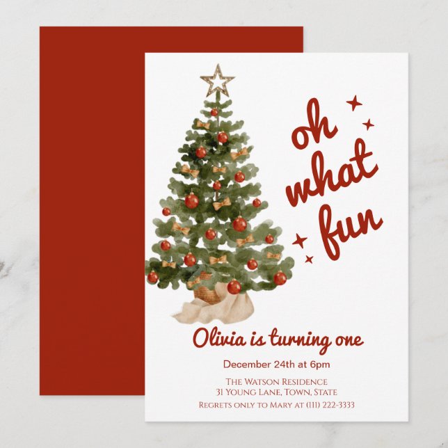 Oh what fun tree christmas birthday  einladung (Vorne/Hinten)