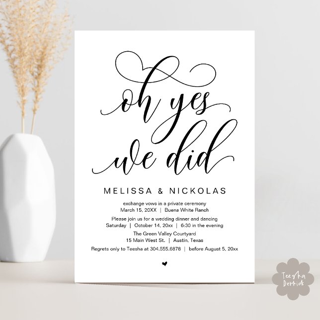 Oh Yes, We Did, Romantic Wedding Elopement Party Einladung (Oh Yes, We Did, Romantic Modern Script Wedding Elopement Party Invitation Card PDF White Black)