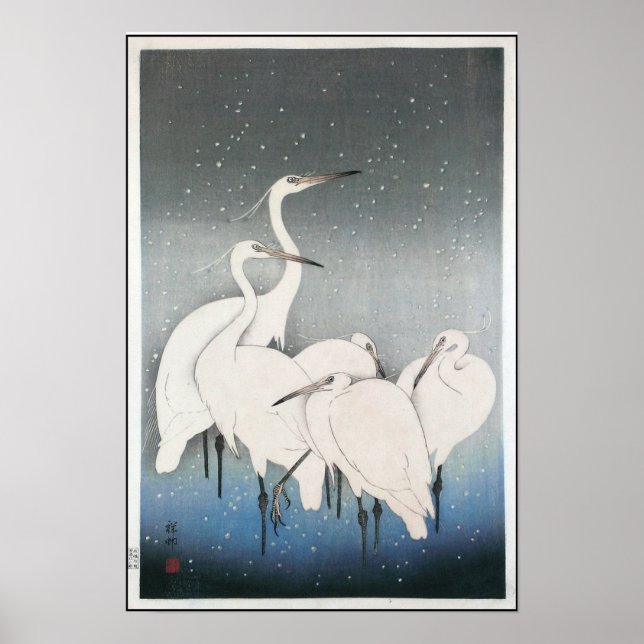 Ohara Kosons Vintage Egrets im Schnee Poster (Vorne)