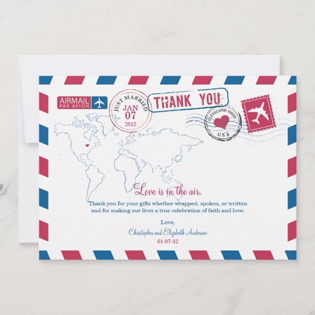 Ohio Air Mail Wedding Vielen Dank Dankeskarte (Vorderseite)