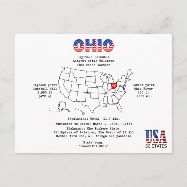 Ohio American Staat auf einer Karte und nützliche  (Vorderseite)