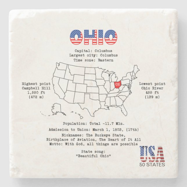 Ohio American Staat auf einer Karte und nützliche  Steinuntersetzer (Vorderseite)