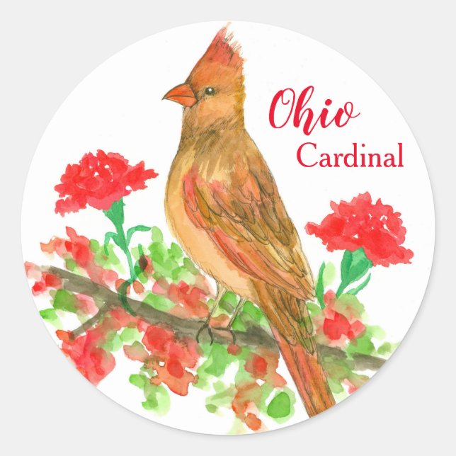Ohio Bird Kardinal Red Carnations Blume Runder Aufkleber (Vorderseite)