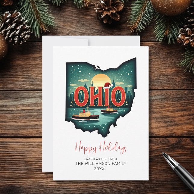 Ohio Festive Karte Happy Holidays Flat Holiday Car (Personalize with your Family Name and the Year.  Matching items available)