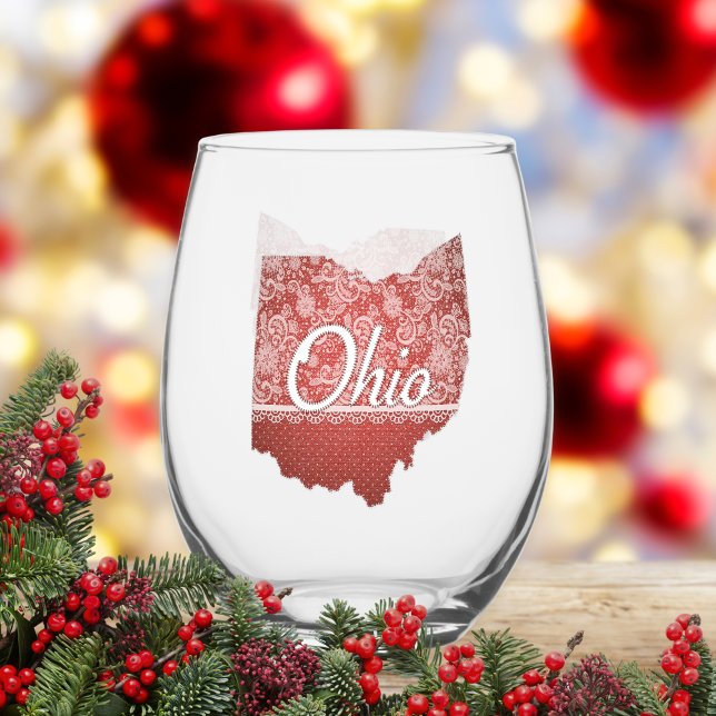 Ohio Souvenir Geschenk Weinglas Ohne Stiel (A feminine Ohio map adorned in faux lace and polka dots is a cute gift for her in any season.)