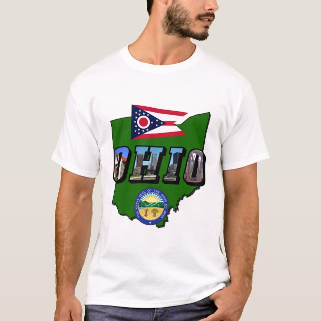 Ohio Staat Map, Bildtext, Flag und Siegel T-Shirt (Vorderseite)