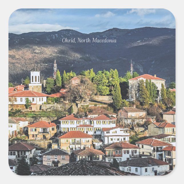 Ohrid, malerisches Foto Nordmakedonien, Quadratischer Aufkleber (Vorderseite)