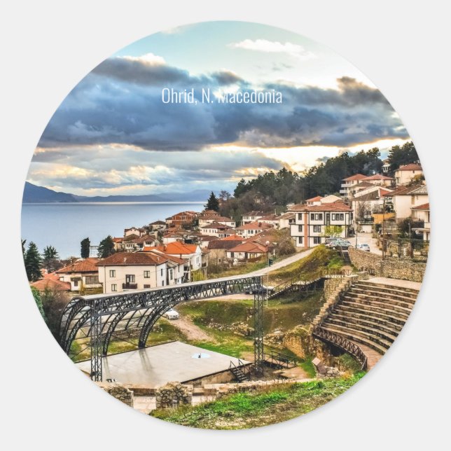 Ohrid, Mazedonien Panoramasicht Runder Aufkleber (Vorderseite)